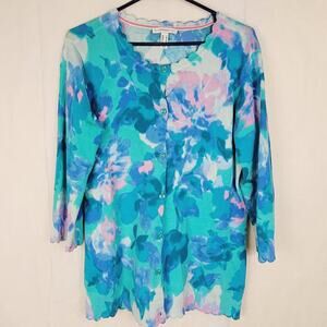 Isaac Mizrahi live blue and pink floral watercolor button down cardigan sweater